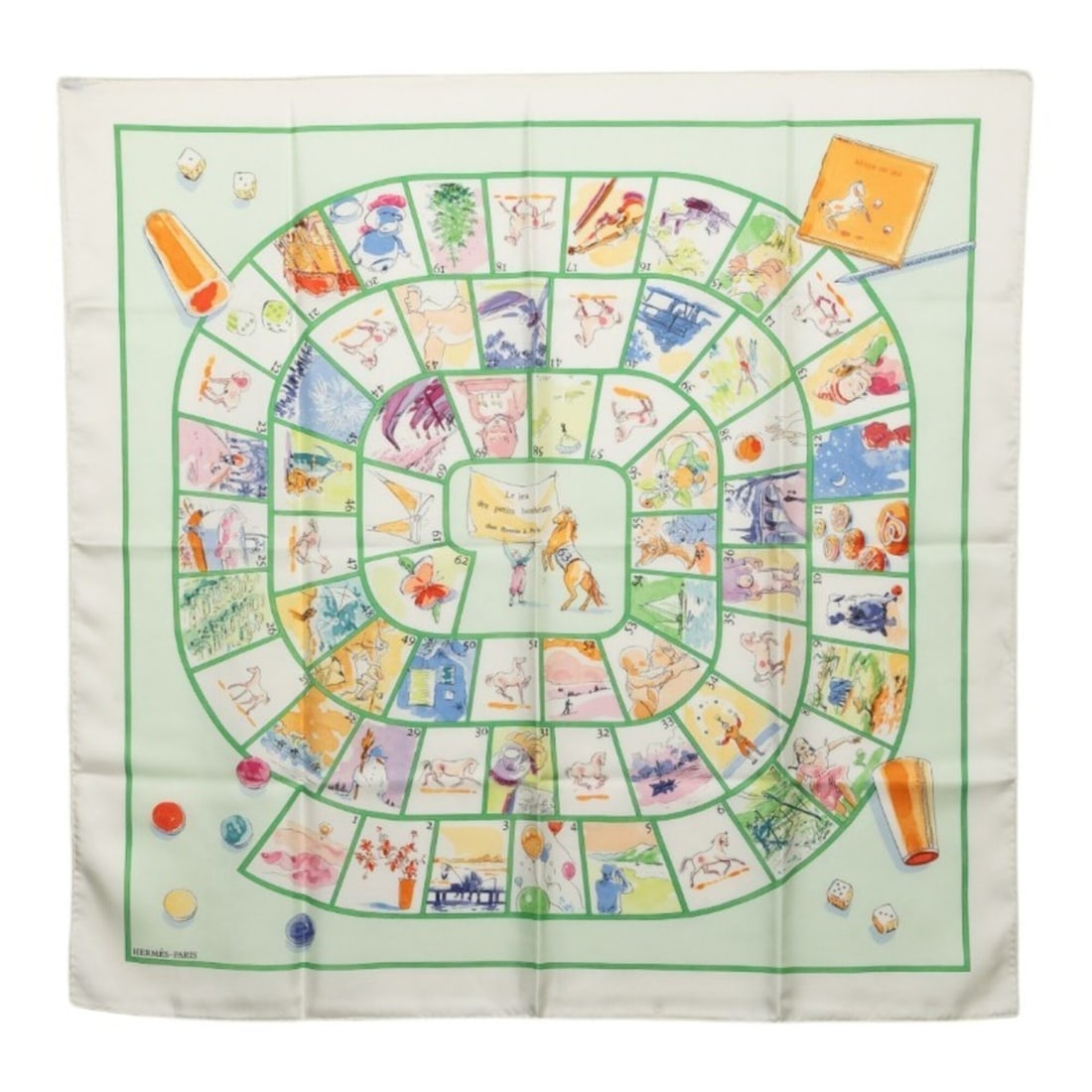 Hermes Carre 90 Le jeu des petits bonheurs (The Game of Little Happiness) Scarf/Muffler, Multicolor,: --- Catalog ---Category: SizeSize (LxW): 87cm x 89.5cm / 34.25'' x 35.23''Category: DesignType: ScarfColor: Multi-color, WhiteGender: WomenMaterial: Silk Category: GeneralBrand: Hermes--- Item List --