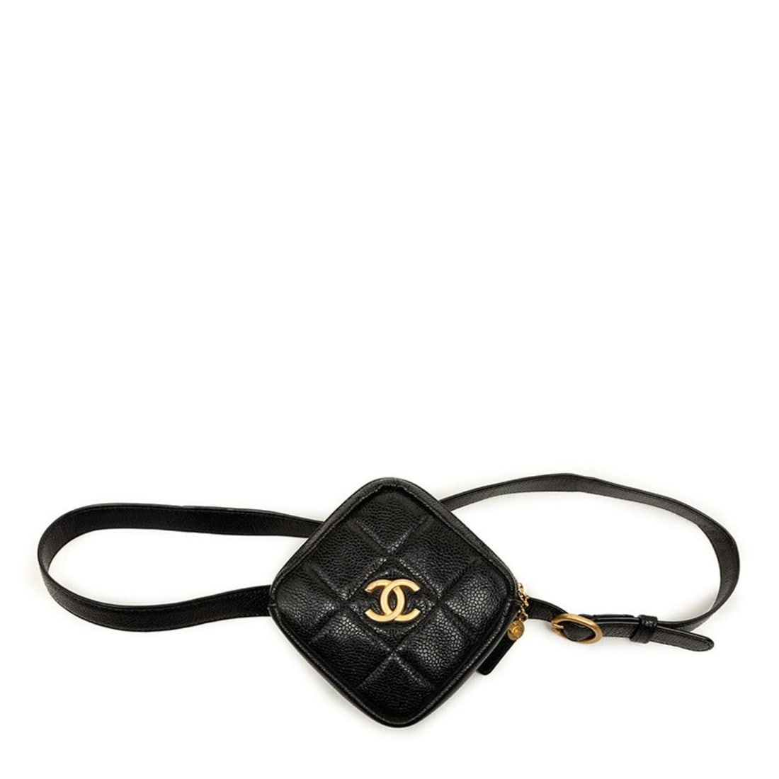 Chanel Matelassé Coco Mark Diamond Shape Waist Bag Body Black Gold Hardware Caviar Leather Women's: --- Catalog ---Category: SizeSize (HxWxD): 13.5cm x 13.5cm x 3cm / 5.31'' x 5.31'' x 1.18''Category: DesignType: Fanny packColor: BlackGender: WomenMaterial: Grained Calfskin Category: GeneralBrand: C