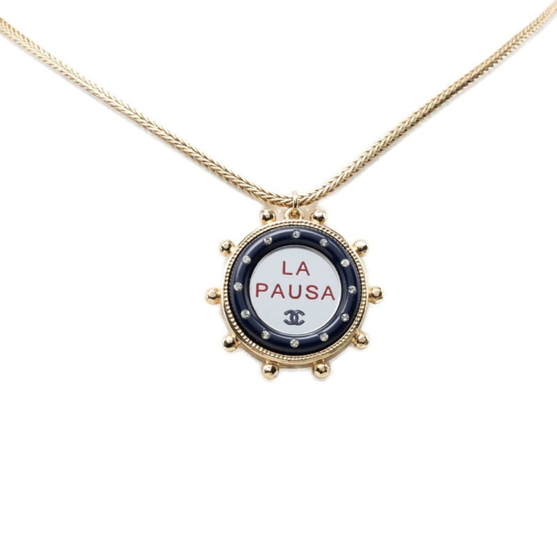 Chanel Coco Mark LA PAUSA Mirror Pendant Necklace Gold Navy Plated Rhinestone Women's CHANEL: --- Catalog ---Category: SizePendant Size: 32.6mm x 32.6mm / 1.28'' x 1.28''Neck Circumference: 59.6 cm / 23.46''Category: DesignColor: Gold, NavyGender: WomenMaterial: RhinestoneNecklace Type: Pendan