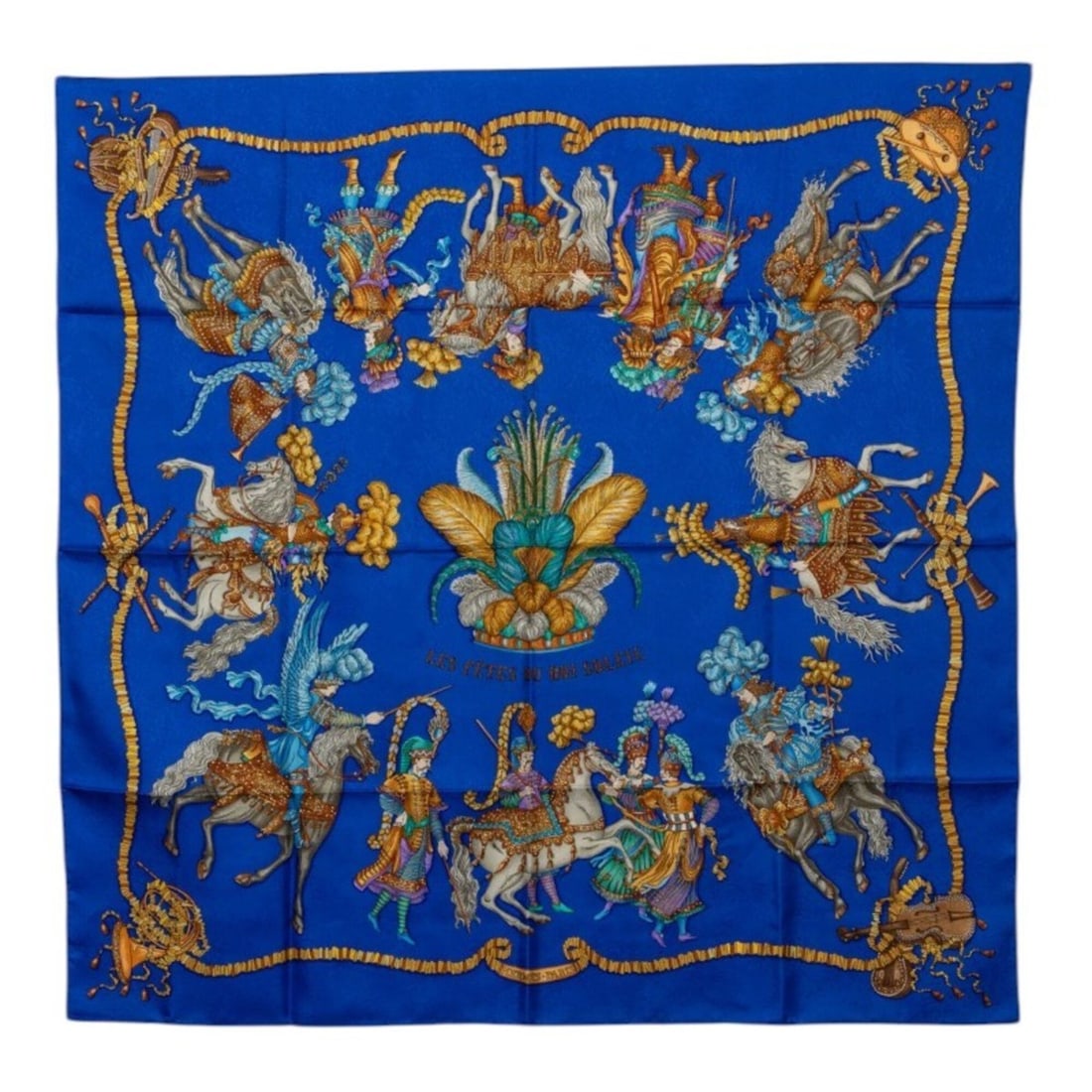 Hermes Carre 90 LES FETES DU ROI SOLEIL (Celebration of the Sun King) Scarf/Muffler, Blue Multicolor: --- Catalog ---Category: SizeSize (LxW): 88cm x 87cm / 34.64'' x 34.25''Category: DesignType: ScarfColor: Blue, Multi-colorGender: WomenMaterial: Silk Category: GeneralBrand: Hermes--- Item List ---Se