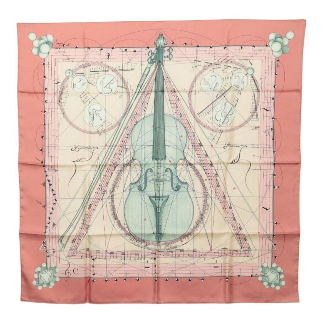 Hermes Carre 90 La Musique des spheres (Music Played by Spheres) Scarf/Muffler, Pink Multicolor: --- Catalog ---Category: SizeSize (LxW): 88.5cm x 87.5cm / 34.84'' x 34.44''Category: DesignType: ScarfColor: Multi-color, PinkGender: WomenMaterial: Silk Category: GeneralBrand: Hermes--- Item List -