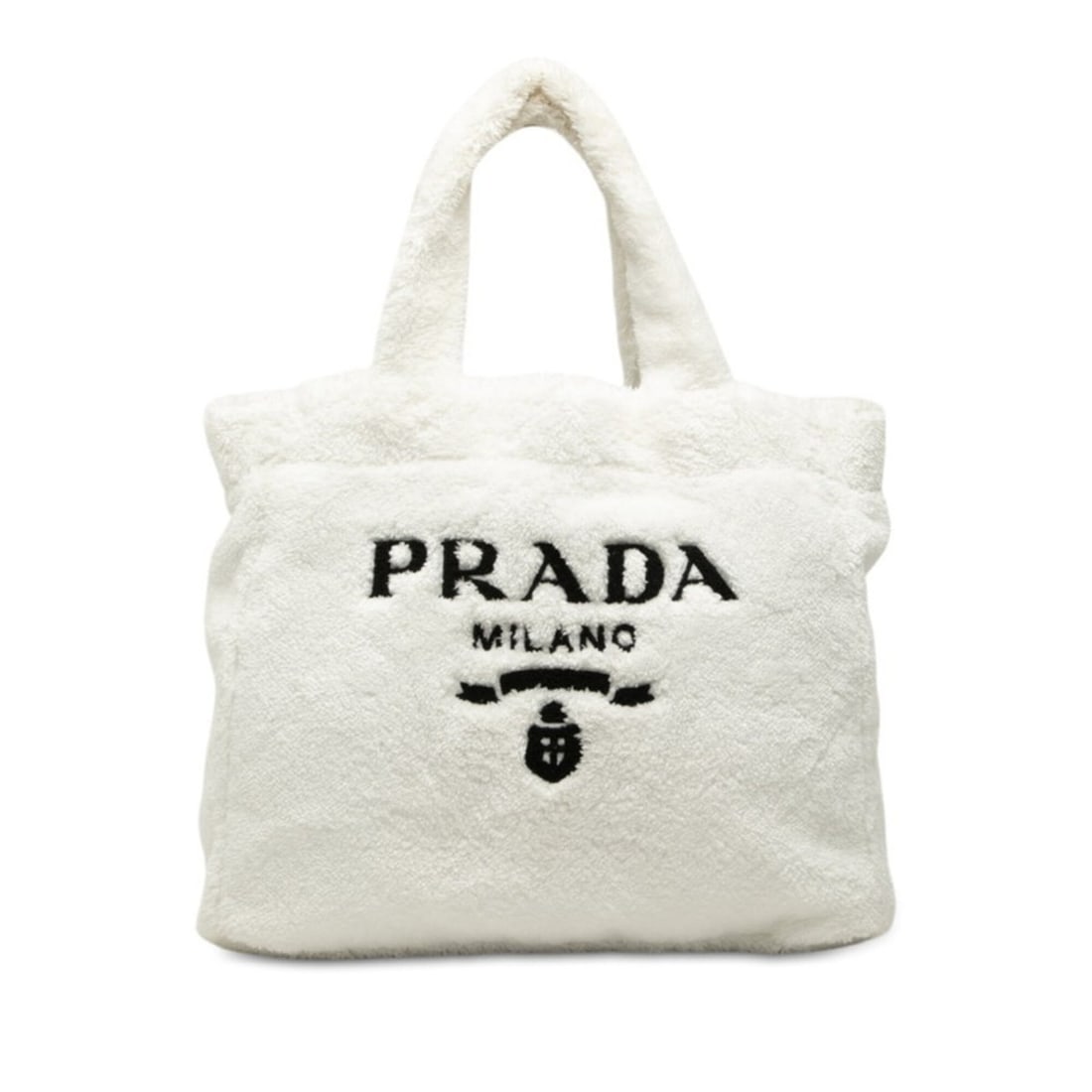 Prada Triangle Logo Plate Tote Bag Handbag White Terry Cloth Women's PRADA: --- Catalog ---Category: SizeSize (HxWxD): 34cm x 40cm x 16cm / 13.38'' x 15.74'' x 6.29''Category: DesignType: Handbag, Tote bagColor: WhiteGender: WomenMaterial: Pile fabric Category: GeneralBrand: 