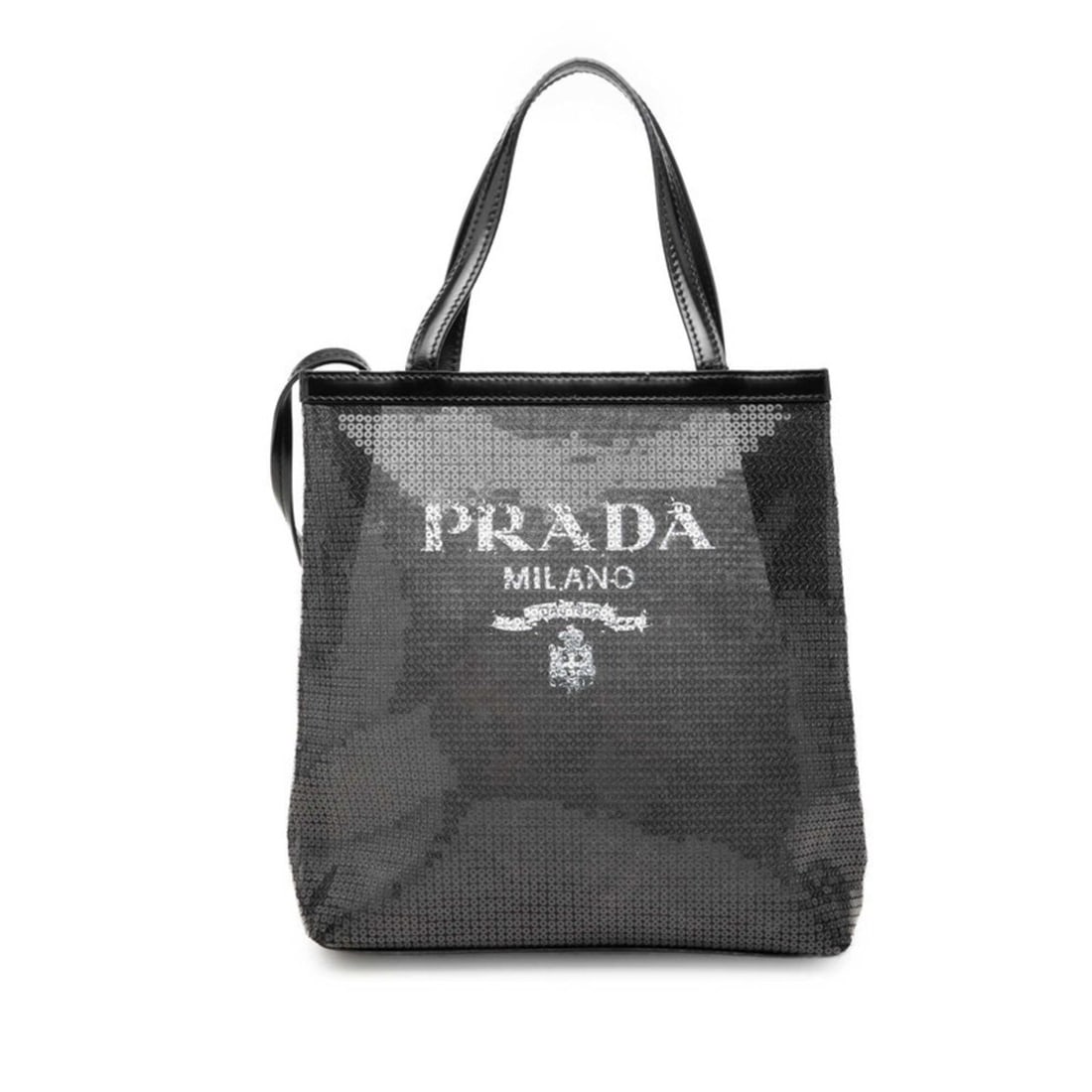 Prada Logo Tote Bag Handbag 1BG417 Black Sequin Leather Mesh Women's PRADA: --- Catalog ---Category: SizeSize (HxWxD): 21.5cm x 20cm x 8cm / 8.46'' x 7.87'' x 3.14''Category: DesignType: Handbag, Tote bagColor: BlackGender: WomenMaterial: Spangles , Leather , Mesh Category: G