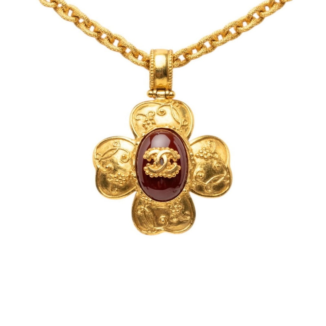 Chanel Coco Mark Flower Motif Vintage Chain Pendant Necklace 96A Gold Wine Red Bordeaux Plated: --- Catalog ---Category: SizePendant Size: 46.5mm x 46.5mm / 1.83'' x 1.83''Neck Circumference: 60 cm / 23.62''Category: DesignColor: Bordeaux, Gold, Red color, WineGender: WomenNecklace Type: Necklac