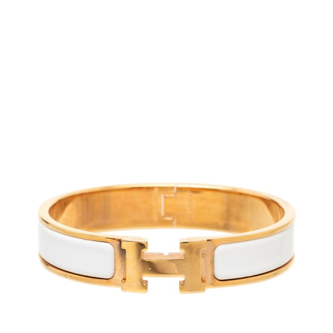 Hermes Click H PM Bracelet Bangle Gold White Plated Women's HERMES: --- Catalog ---Category: SizeLength: 15.5cm / 6.1''Category: DesignType: Charm braceletColor: Gold, WhiteGender: WomenCategory: GeneralBrand: Hermes--- Item List ---Section: ConditionRanking: Rank AB 