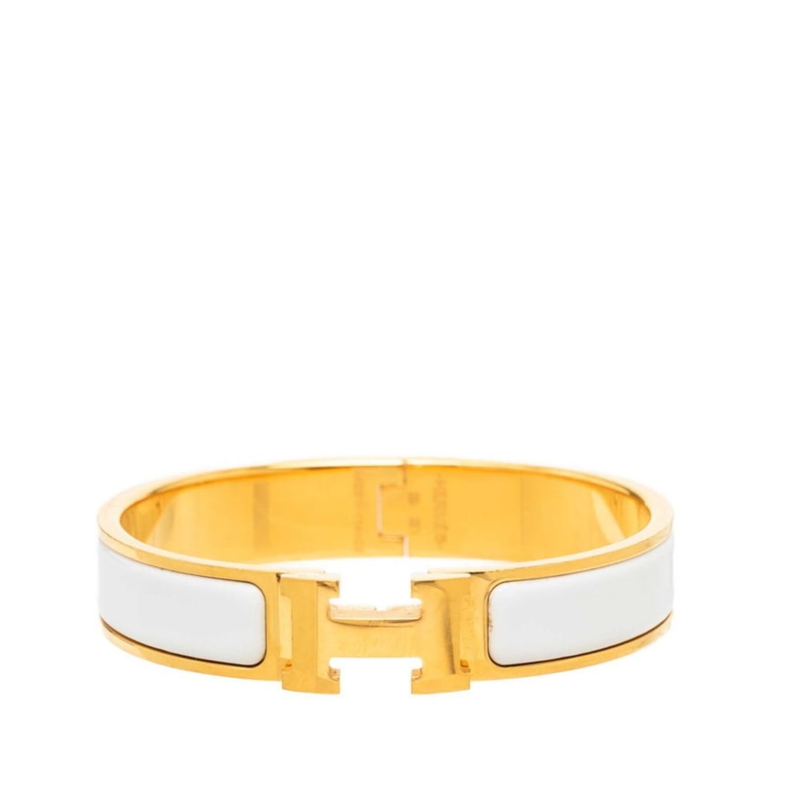 Hermes Click H PM Bracelet Bangle Gold White Plated Women's HERMES: --- Catalog ---Category: SizeLength: 15.5cm / 6.1''Category: DesignType: Charm braceletColor: Gold, WhiteGender: WomenCategory: GeneralBrand: Hermes--- Item List ---Section: ConditionRanking: Rank AB 