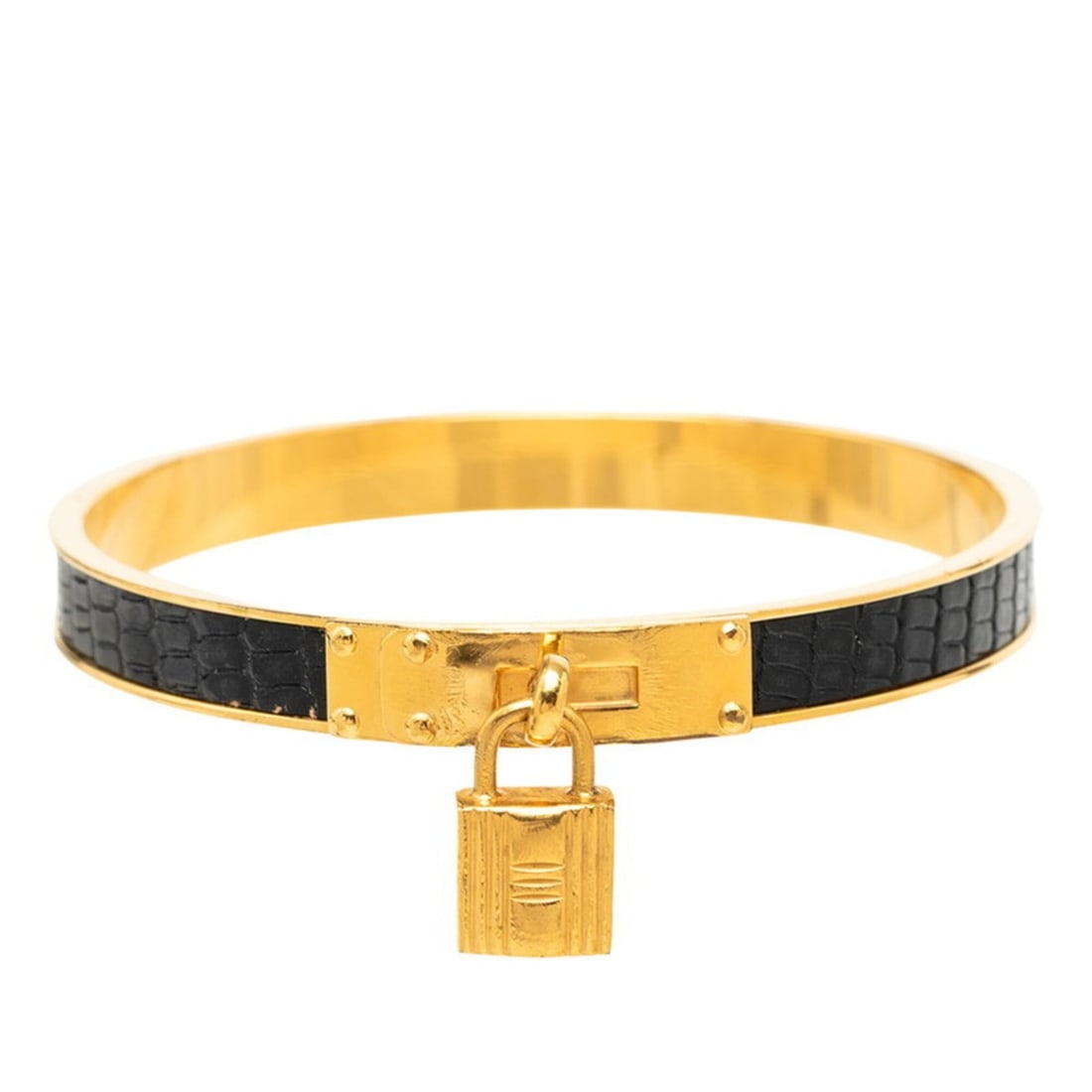 Hermes Kelly Bangle, Gold and Black Plated Leather, Women's: --- Catalog ---Category: SizeLength: 19cm / 7.48''Category: DesignType: BangleColor: Black, GoldGender: WomenMaterial: LeatherCategory: GeneralBrand: Hermes--- Item List ---Section: ConditionRanking: 