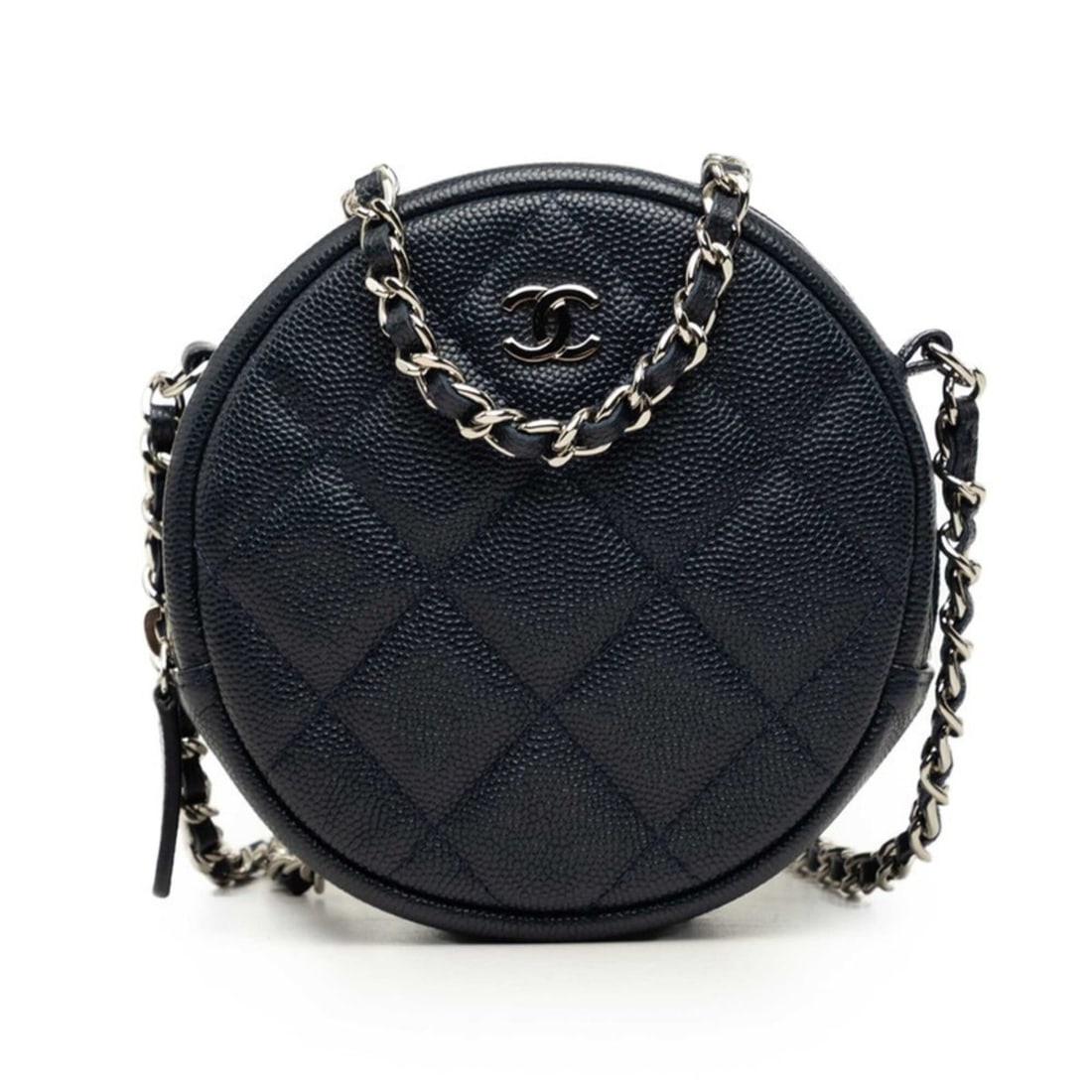 Chanel Coco Mark Matelassé Crossbody Round Chain Shoulder Bag, Dark Navy Silver Caviar Leather,: --- Catalog ---Category: SizeStrap Drop: 59cm / 23.22''Size (HxWxD): 12.5cm x 12.5cm x 5cm / 4.92'' x 4.92'' x 1.96''Category: DesignType: Shoulder bagColor: Dark navyGender: WomenClosure: ZipperMater