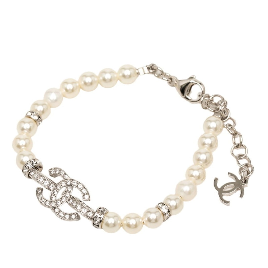 Chanel Coco Mark Bracelet ABF724 Faux Pearl Rhinestone Metal Women's CHANEL: --- Catalog ---Category: SizeLength: 21cm / 8.26''Category: DesignType: Charm braceletColor: WhiteGender: WomenMaterial: Metal, RhinestoneCategory: GeneralMPN: ABF724Brand: Chanel--- Item List ---Sect