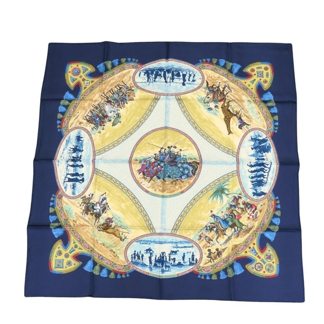 Hermes scarf/muffler, Carre 90, "CAVALIERS PEULS" (Riders of the Pool Tribe), silk, navy,: --- Catalog ---Category: SizeSize (LxW): 88.5cm x 88.5cm / 34.84'' x 34.84''Category: DesignType: ScarfColor: Multi-color, NavyGender: WomenMaterial: Silk Category: GeneralBrand: Hermes--- Item List -