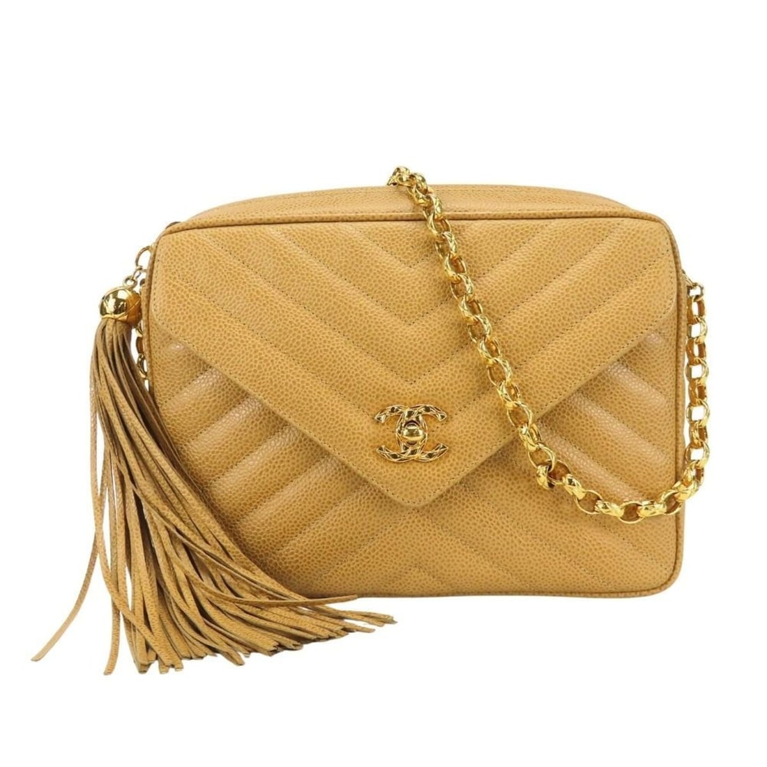 Chanel Shoulder Bag, V-Stitch, Coco Caviar Skin, Beige, Gold Hardware, Crossbody, Chain, Fringe,: --- Catalog ---Category: SizeSize (HxWxD): 18cm x 22cm x 6cm / 7.08'' x 8.66'' x 2.36''Category: DesignType: Shoulder bagColor: Beige goldGender: WomenMaterial: Grained Calfskin Category: GeneralBrand