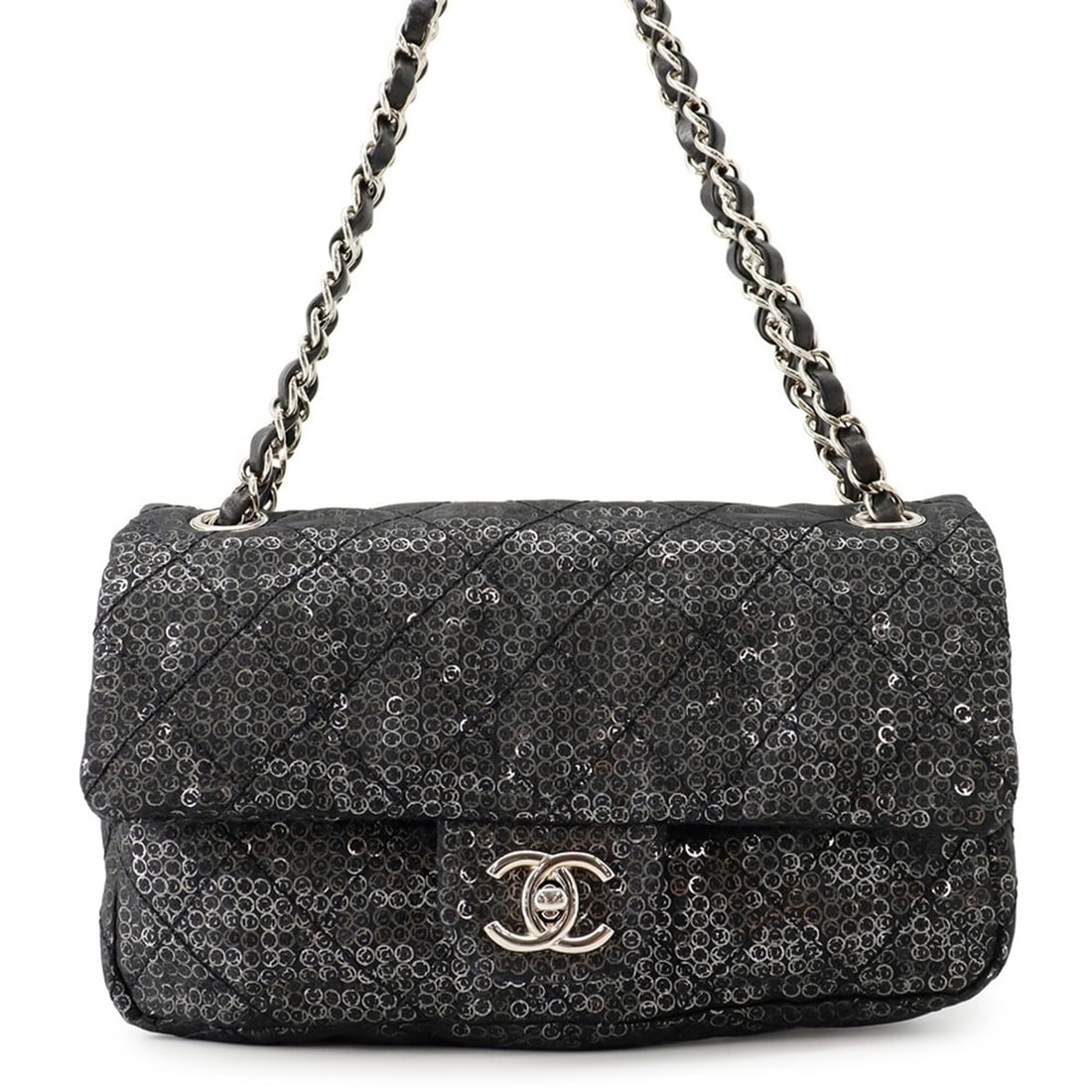 Chanel Chain Shoulder Bag Matelassé 25 Coco Mark Mesh Sequin CHANEL Black Handbag Women's: --- Catalog ---Category: SizeWeight: 300g / 10.58oz.Size (HxWxD): 13cm x 24cm x 6cm / 5.11'' x 9.44'' x 2.36''Strap Length: 52cm - 85cm / 20.47'' - 33.46''Category: DesignType: Shoulder bagColor: Blac