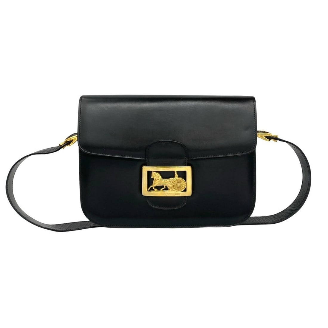 CELINE Vintage Leather Semi-One Shoulder Bag/Pochette with Carriage Hardware, Black, 97374: --- Catalog ---Category: SizeSize (HxWxD): 17cm x 24cm x 6cm / 6.69'' x 9.44'' x 2.36''Category: DesignType: Pochette, Shoulder bagColor: BlackGender: WomenMaterial: Leather Category: GeneralBrand: Ce