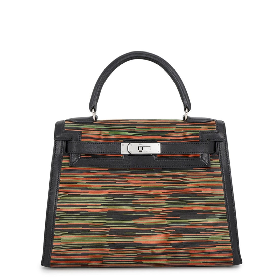 Hermes Kelly 28, external stitching, black, orange, green, vibrato, Gulliver, ?C stamp, HERMES: --- Catalog ---Category: SizeSize (HxWxD): 20cm x 28cm x 12cm / 7.87'' x 11.02'' x 4.72''Category: DesignType: HandbagColor: Black, Green, OrangeGender: WomenMaterial: Gulliver leather , Leather Categ