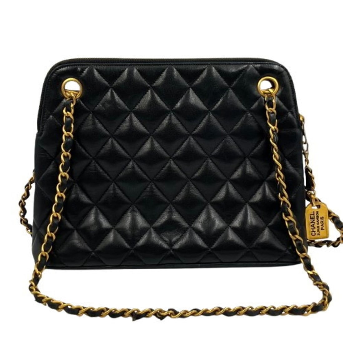 CHANEL Lambskin Matelassé Trapezoid Plate Charm Chain Shoulder Bag: --- Catalog ---Category: SizeSize (HxWxD): 19cm x 26cm x 8.5cm / 7.48'' x 10.23'' x 3.34''Category: DesignType: Shoulder bagColor: BlackGender: WomenMaterial: Leather Leather/Fur Type: LambskinCategor