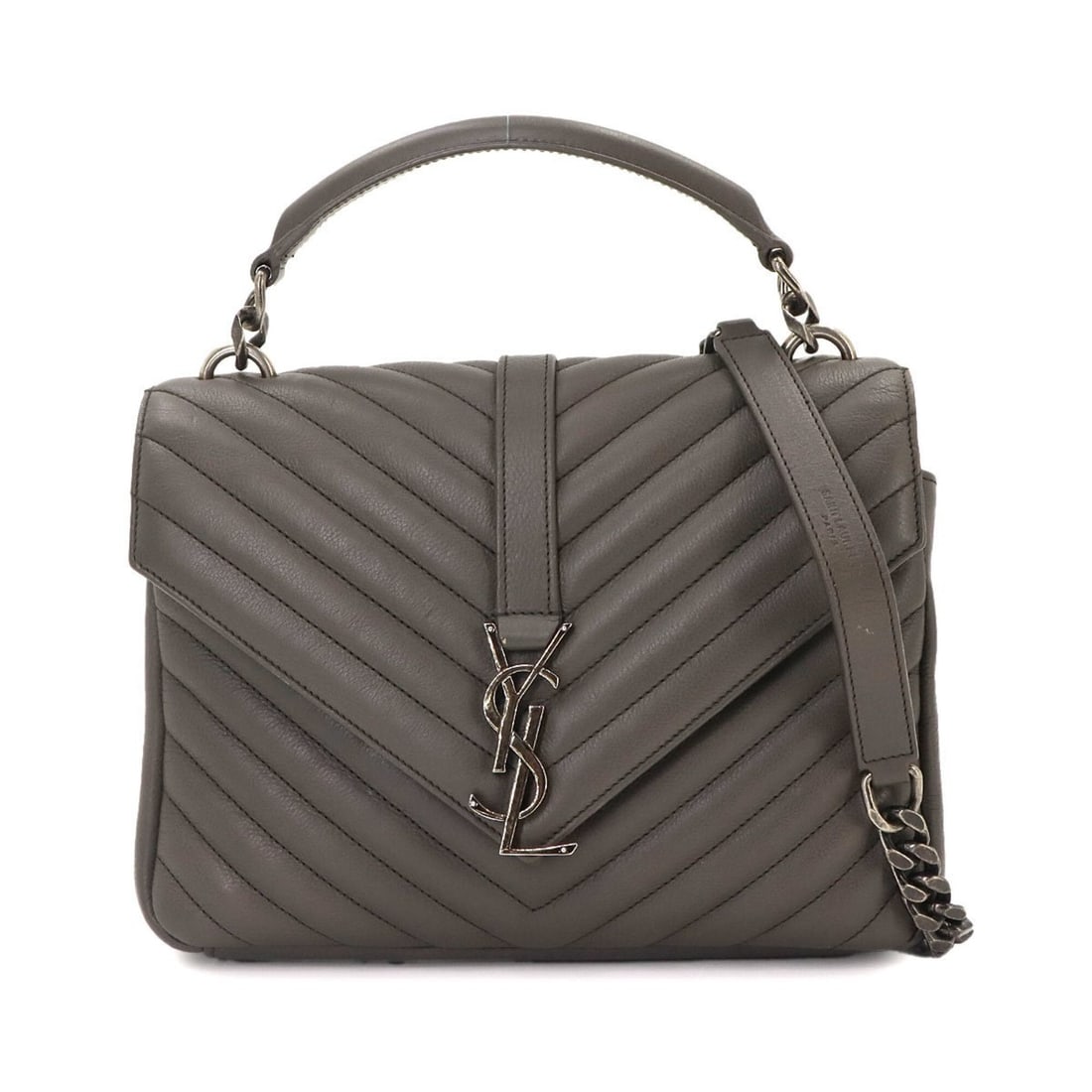 Saint Laurent College 2-way Hand Chain Shoulder Handbag, Leather, Gray, 428056, Silver Hardware.: --- Catalog ---Category: SizeSize (HxWxD): 17cm x 24cm x 5.5cm / 6.69'' x 9.44'' x 2.16''Category: DesignType: Handbag, Shoulder bagColor: GrayGender: WomenMaterial: Leather Category: GeneralMPN: