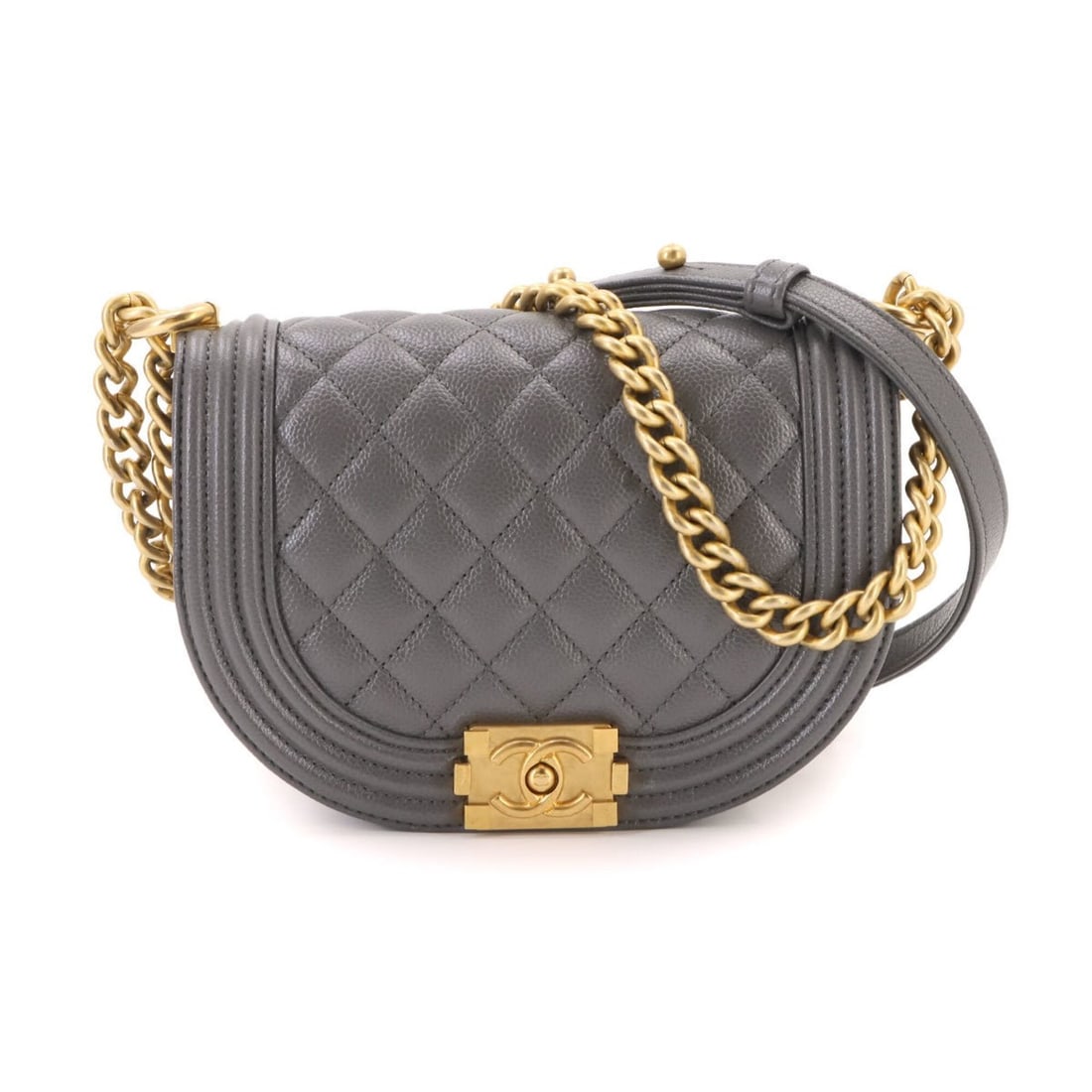 Chanel Boy Small Chain Shoulder Handbag, Caviar Leather, Gray, AS3350, Gold Hardware, BOY CHANEL Bag: --- Catalog ---Category: SizeSize (HxWxD): 13.5cm x 18cm x 5cm / 5.31'' x 7.08'' x 1.96''Category: DesignType: Handbag, Shoulder bagColor: GrayGender: WomenMaterial: Grained Calfskin Category: General