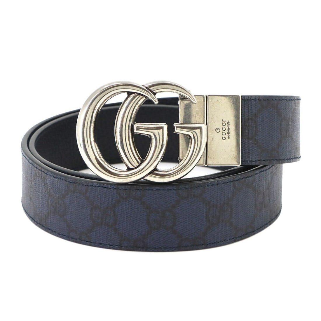Gucci GG Marmont Reversible Belt, Supreme Leather, Navy/Black, 627055 85, Silver Hardware.: --- Catalog ---Category: SizeLength: 81cm - 91cm / 31.88'' - 35.82''Category: DesignType: Standard beltColor: Black, NavyMaterial (Strap): Canvas , Leather Category: GeneralMPN: 627055Brand: Gucci--- 