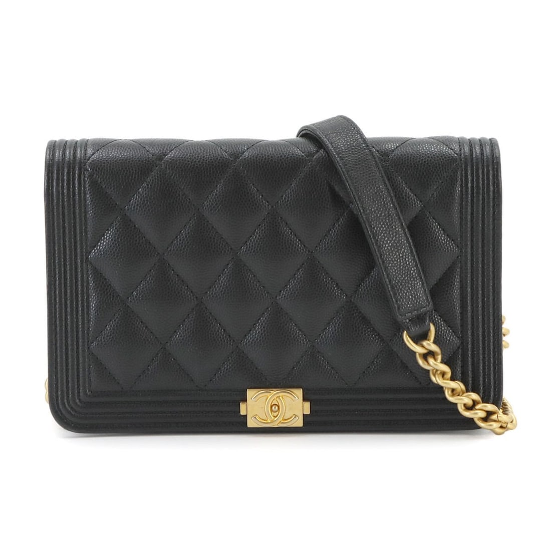 Chanel Boy Chain Wallet, Long Caviar Leather, Black, AP1117, Gold Hardware.: --- Catalog ---Category: SizeSize (HxWxD): 12cm x 19cm x 3.5cm / 4.72'' x 7.48'' x 1.37''Category: DesignType: Chain/Shoulder walletColor: BlackGender: WomenMaterial: Grained Calfskin Category: Genera