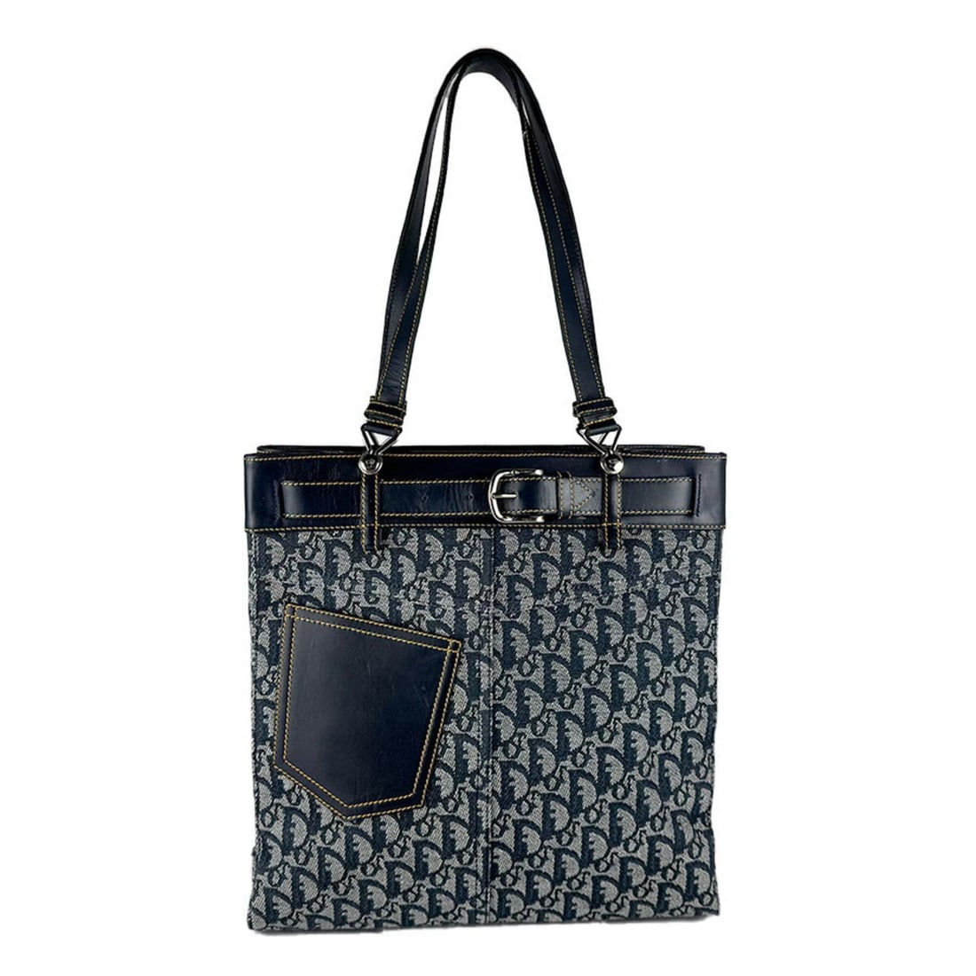 Christian Dior tote bag/shoulder bag, Trotter pattern, canvas and leather, navy silver, women's,: --- Catalog ---Category: SizeSize (HxWxD): 32cm x 31cm x 6cm / 12.59'' x 12.2'' x 2.36''Category: DesignType: Shoulder bag, Tote bagColor: NavyGender: WomenMaterial: Canvas , Leather Category: General