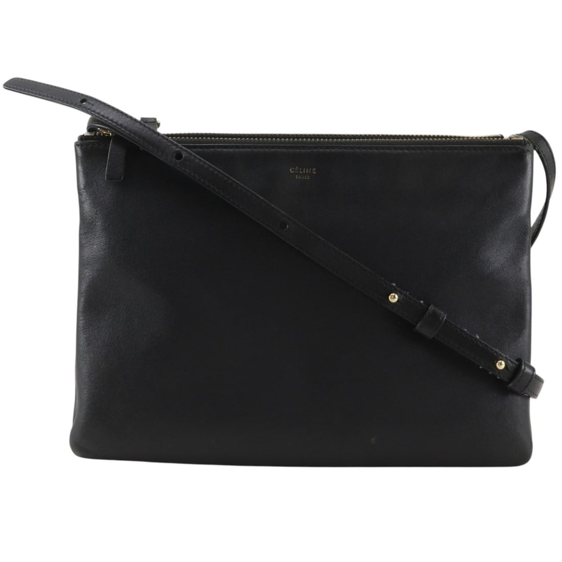Celine Trio Shoulder Bag, Leather, Black, Crossbody, Women's: --- Catalog ---Category: SizeWeight: 340g / 11.99oz.Strap Drop: 58cm / 22.83''Size (HxWxD): 18cm x 25cm x 3.5cm / 7.08'' x 9.84'' x 1.37''Category: DesignType: Shoulder bagColor: BlackGender: WomenMat