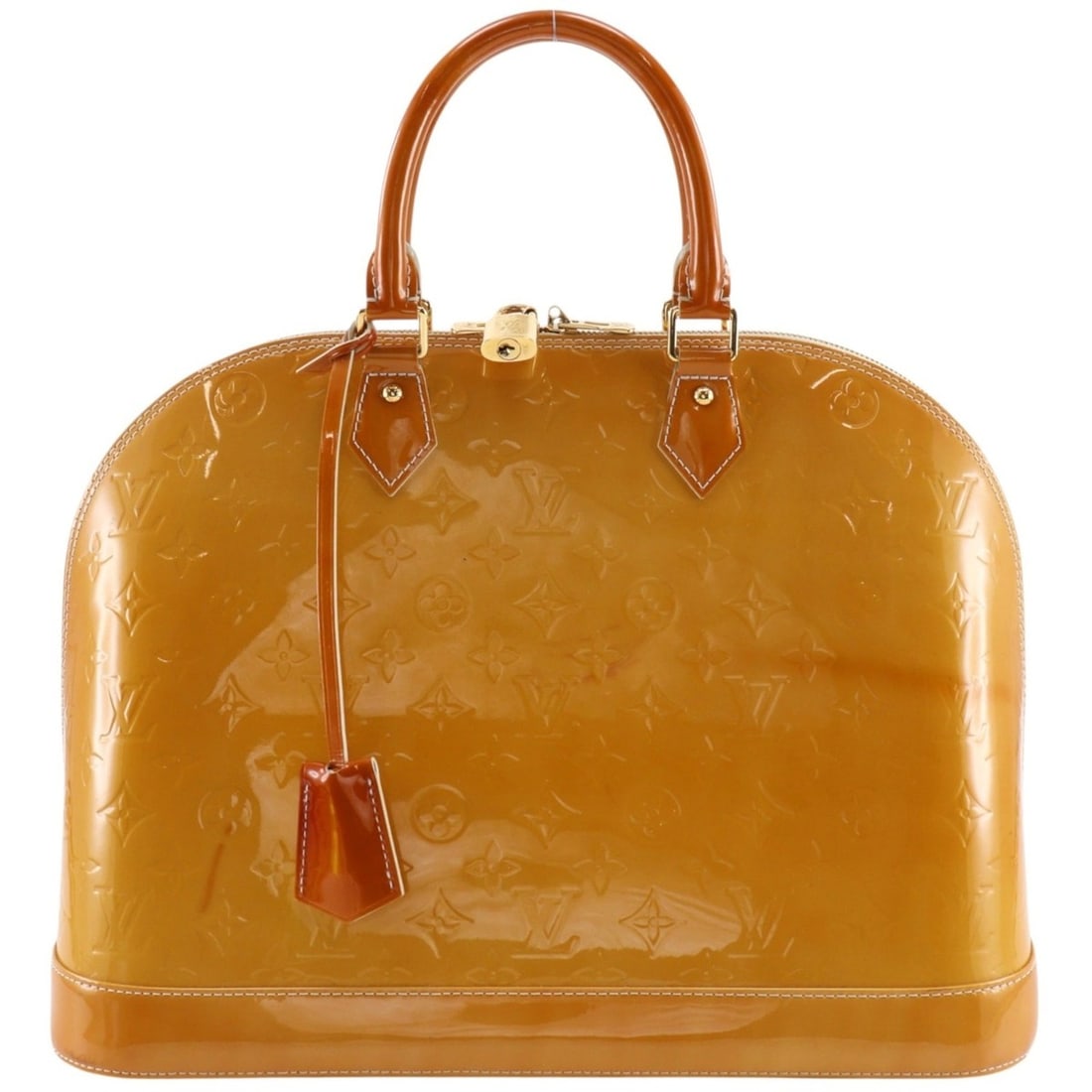 Louis Vuitton Alma GM handbag, Monogram Vernis, 2013 model, yellow, SN0123, A4 size, double zipper,: --- Catalog ---Category: SizeWeight: 890g / 1.96lb.Handle Drop: 11.00cm / 4.33''Size (HxWxD): 29cm x 39cm x 19cm / 11.41'' x 15.35'' x 7.48''Category: DesignType: HandbagColor: YellowGender: WomenMate