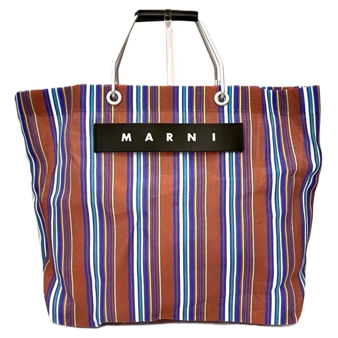MARNI Flower Cafe Tote Bag, Striped Nylon Leather Metal: --- Catalog ---Category: SizeHandle Drop: 9.00cm / 3.54''Size (HxWxD): 9cm x 33cm x 12cm / 3.54'' x 12.99'' x 4.72''Handle Length: 30cm / 11.81''Category: DesignType: Tote bagColor: BrownGender: Women