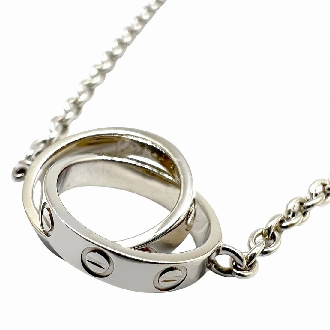 Cartier Baby Love Circle Collection Necklace, 18K White Gold, 7.5g, Women's: --- Catalog ---Category: SizePendant Size: 9.6mm x 11mm / 0.37'' x 0.43''Neck Circumference: 44.5 cm / 17.51''Category: DesignColor: White goldGender: WomenMaterial: White gold (18K)Necklace Type: Nec