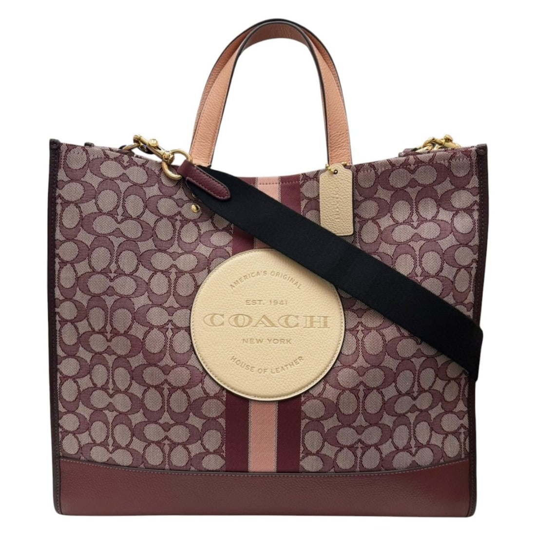 COACH Dempsey Jacquard Multi-Wine Tote Bag C8478 with Shoulder Strap, Canvas & Leather, Women's: --- Catalog ---Category: DesignType: Tote bagColor: Red color, WineGender: WomenMaterial: Leather , Canvas Category: GeneralBrand: Coach--- Item List ---Section: ConditionRanking: Rank AB Used - Trace