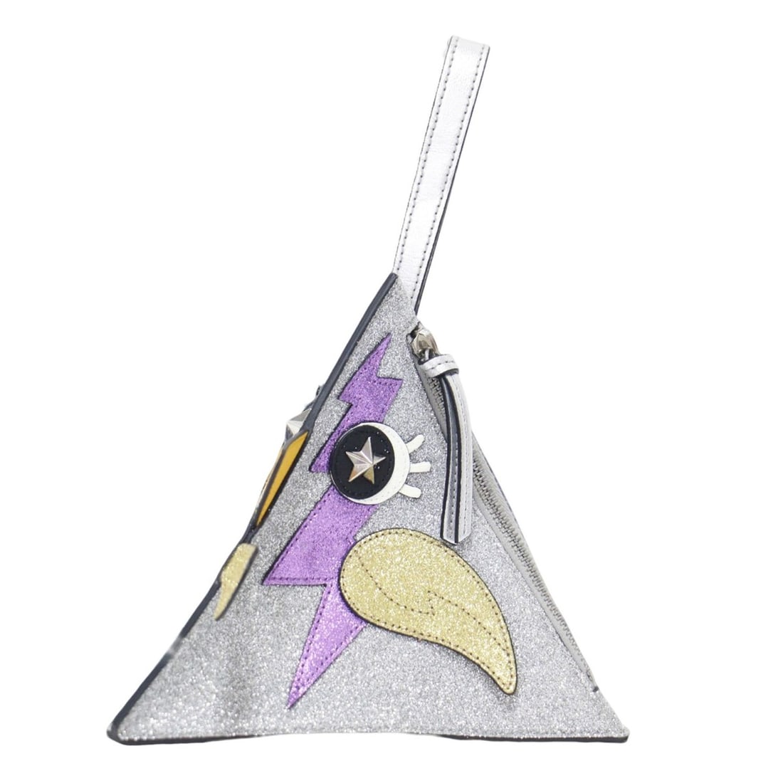 GUCCI bag, silver triangle chicken motif handbag/clutch, glitter metallic, animal doodles, made in: --- Catalog ---Category: SizeSize (HxWxD): 17cm x 19.5cm x 17cm / 6.69'' x 7.67'' x 6.69''Category: DesignType: Clutch bag, HandbagColor: Metallic, SilverGender: Girls,WomenMaterial: Leather Category: