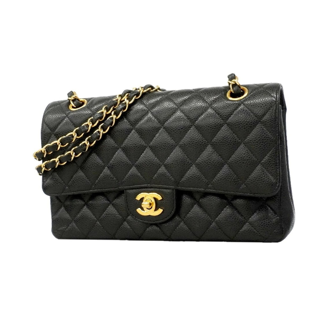 Chanel Matelassé Shoulder Bag, Double Flap, Chain, Caviar Leather, Black, Women's: --- Catalog ---Category: SizeSize (HxWxD): 16.5cm x 25cm x 6cm / 6.49'' x 9.84'' x 2.36''Category: DesignType: Shoulder bagColor: BlackGender: WomenMaterial: Grained Calfskin Hardware Color: GoldCateg