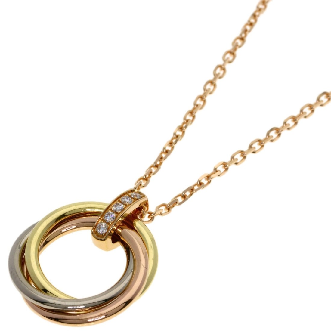 Cartier Trinity Diamond Necklace 18K Yellow Gold/18K Pink White Gold Women's CARTIER: --- Catalog ---Category: SizePendant Size: 22.4mm x 18.5mm / 0.88'' x 0.72''Neck Circumference: 41.5 cm / 16.33''Category: DesignStone: DiamondGender: WomenMaterial: Pink gold (18K), White gold (18K),