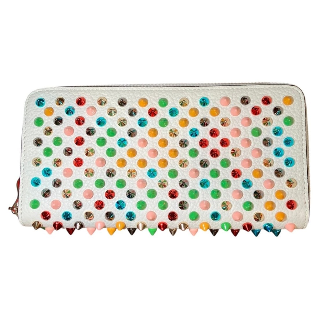Christian Louboutin Spike Stud Long Wallet, Leather, Metal, 1175147: --- Catalog ---Category: SizeSize (HxWxD): 10cm x 19.5cm x 2.5cm / 3.93'' x 7.67'' x 0.98''Category: DesignType: Long wallet (bi-fold)Color: Multi-color, WhiteGender: WomenMaterial: Metal , Leather Ca