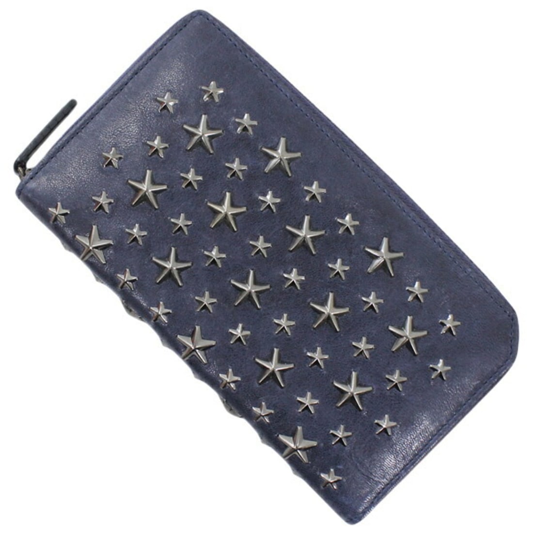 Jimmy Choo Round Long Wallet with Star Studs, Navy Gunmetal Leather, Women's/Men's, J000049385001: --- Catalog ---Category: SizeSize (HxWxD): 11cm x 19cm x 2.5cm / 4.33'' x 7.48'' x 0.98''Category: DesignType: Long wallet (bi-fold)Color: Gunmetal, NavyGender: Men,WomenMaterial: Leather Category: