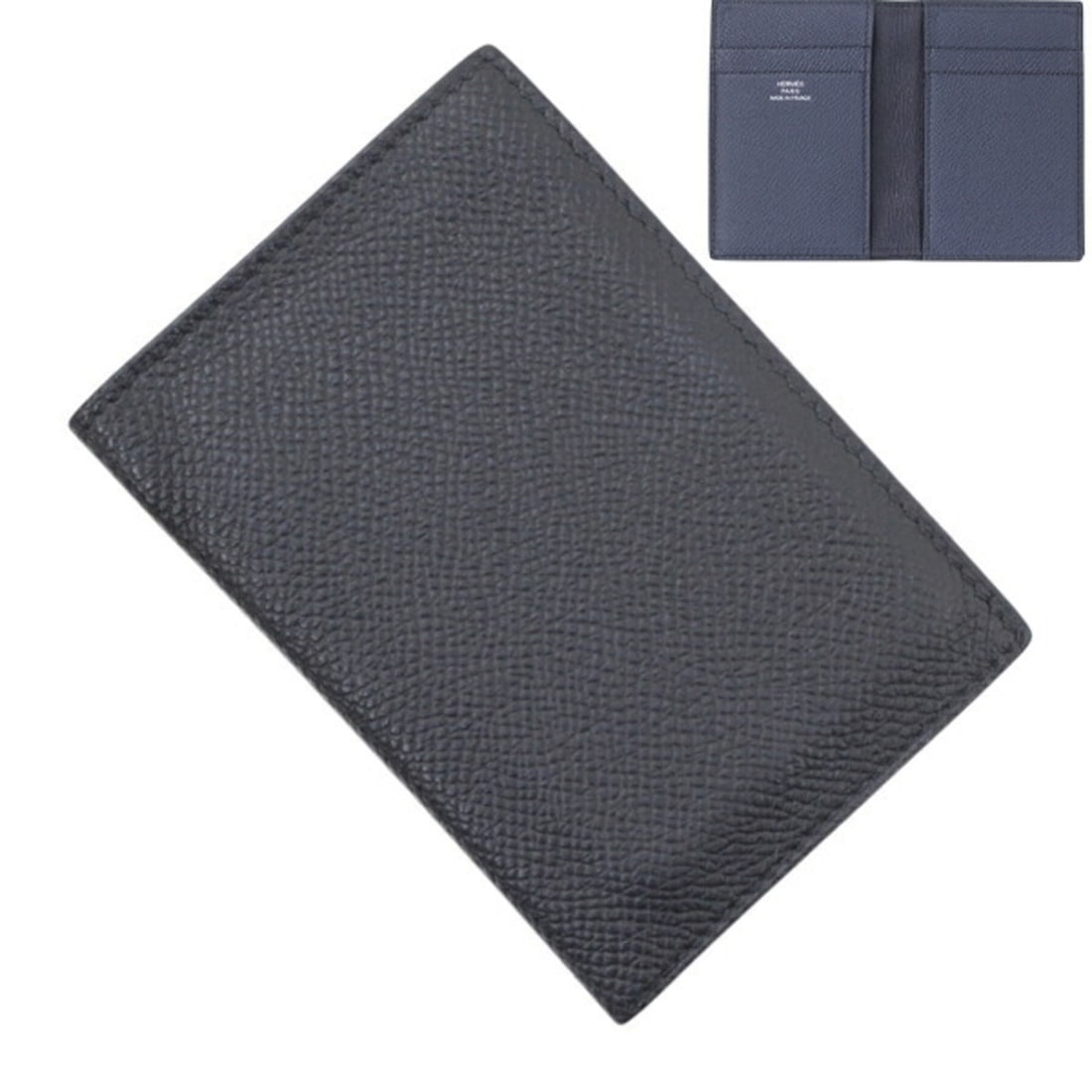 Hermes Business Card Holder/Card Case, Bi-fold, MC2 Euclid, Epsom Leather, Black/Blue Nuit,: --- Catalog ---Category: DesignType: Card caseColor: Black, Blue nuitGender: Men,WomenMaterial: Epsom leather Category: GeneralBrand: HermesCategory: Physical PropertiesSize (HxWxD): 10.5cm x 7cm / 4.