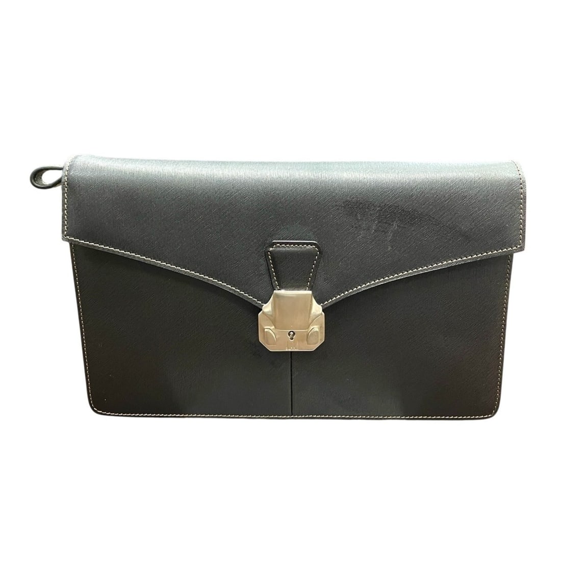 Dunhill clutch bag with lock clasp, leather.: --- Catalog ---Category: SizeSize (HxWxD): 17cm x 28cm x 3cm / 6.69'' x 11.02'' x 1.18''Handle Length: 18cm / 7.08''Category: DesignType: Clutch bagGender: MenClosure: Turn lockMaterial: Leather Inner