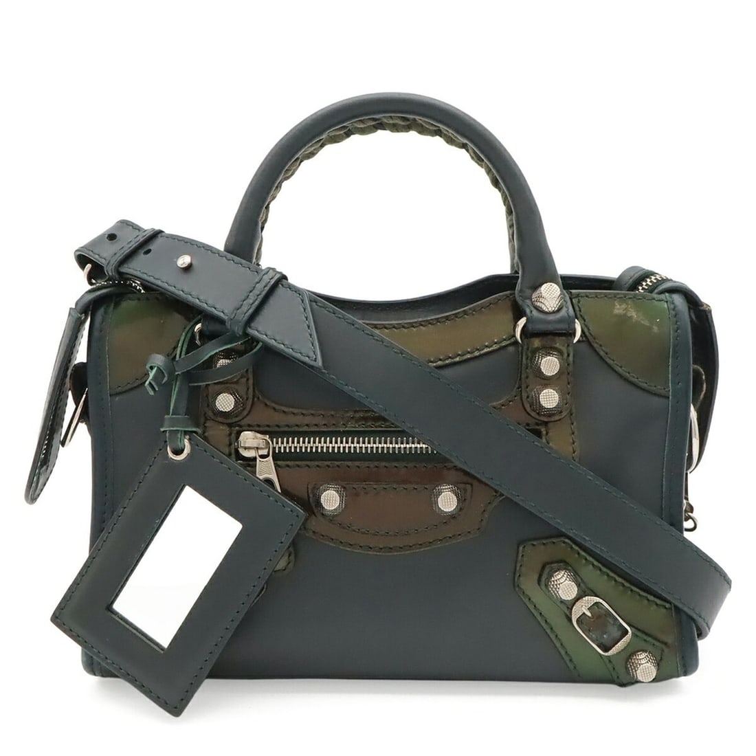 BALENCIAGA Giant Mini City Handbag Shoulder Bag Leather Enamel Dark Green 309544 (1 of 11)