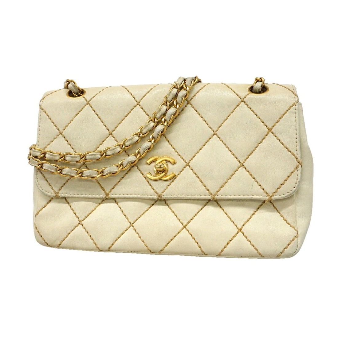 Chanel Shoulder Bag, Wild Stitch, Double Chain, Leather, White, Women's: --- Catalog ---Category: SizeSize (HxWxD): 17cm x 25cm x 6cm / 6.69'' x 9.84'' x 2.36''Category: DesignType: Shoulder bagColor: WhiteGender: WomenMaterial: Leather Hardware Color: GoldCategory: Genera