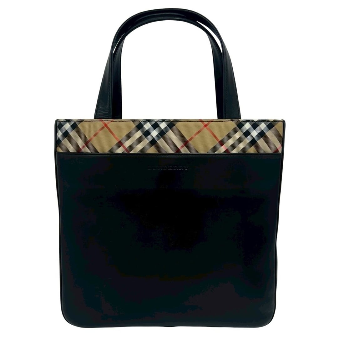 BURBERRY Logo Nova Check Pattern Leather and Canvas Handbag Mini Tote Bag Black Beige 44126: --- Catalog ---Category: SizeSize (HxWxD): 28cm x 29cm x 5.5cm / 11.02'' x 11.41'' x 2.16''Category: DesignType: Handbag, Tote bagColor: Beige, BlackGender: WomenMaterial: Leather , Canvas Category: G