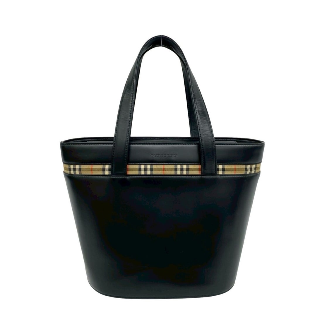 BURBERRY Nova Check pattern logo embossed calf leather genuine handbag mini tote bag black beige: --- Catalog ---Category: SizeSize (HxWxD): 22cm x 23cm x 11.5cm / 8.66'' x 9.05'' x 4.52''Category: DesignType: Handbag, Tote bagColor: Beige, BlackGender: WomenMaterial: Leather Leather/Fur Type: Cal