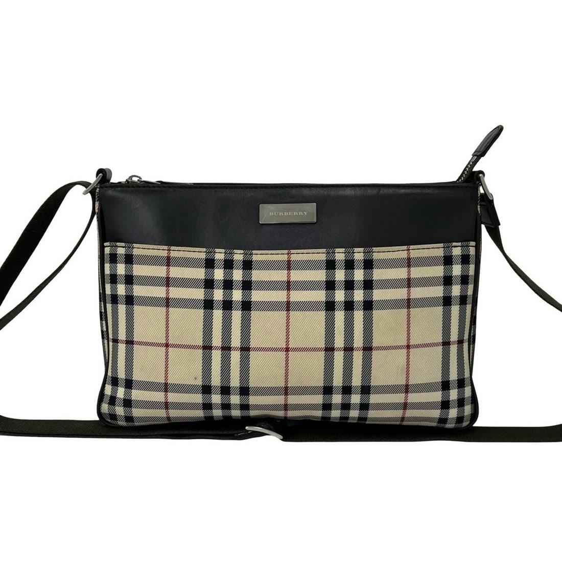 BURBERRY Nova Check pattern logo hardware canvas leather genuine shoulder bag brown beige 53538 (1 of 10)