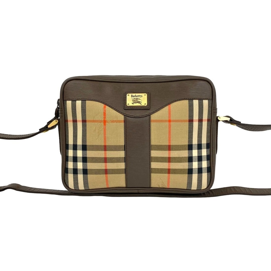 Burberrys Nova Check pattern Shadow Horse logo hardware canvas leather genuine shoulder bag brown: --- Catalog ---Category: SizeSize (HxWxD): 21cm x 23.5cm x 5.5cm / 8.26'' x 9.25'' x 2.16''Category: DesignType: Shoulder bagColor: Beige, BrownGender: WomenMaterial: Canvas , Leather Category: Genera