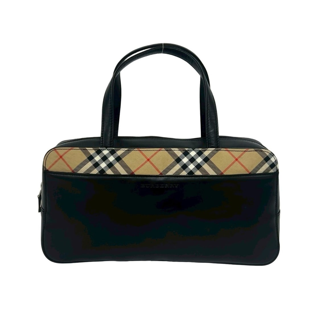 BURBERRY Nova Check Logo Engraved Leather Tote Bag, Handbag, Boston Black, 37265: --- Catalog ---Category: SizeSize (HxWxD): 17.5cm x 34cm x 10cm / 6.88'' x 13.38'' x 3.93''Category: DesignType: Boston bag, Handbag, Tote bagColor: BlackGender: WomenMaterial: Leather Category: Gener