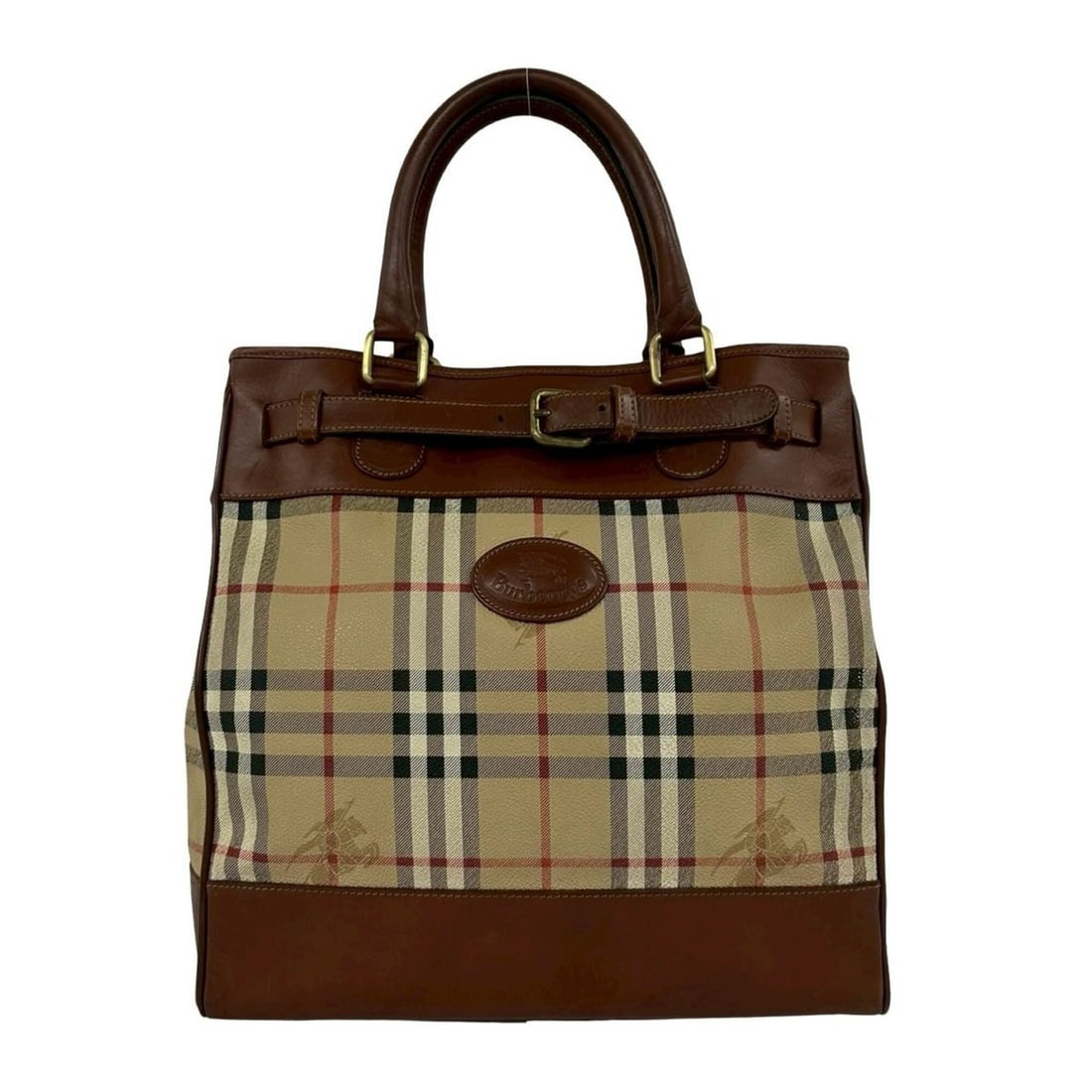 BURBERRYS Nova Check Shadow Horse Pattern Leather Handbag Tote Bag Brown Beige 52624 (1 of 12)