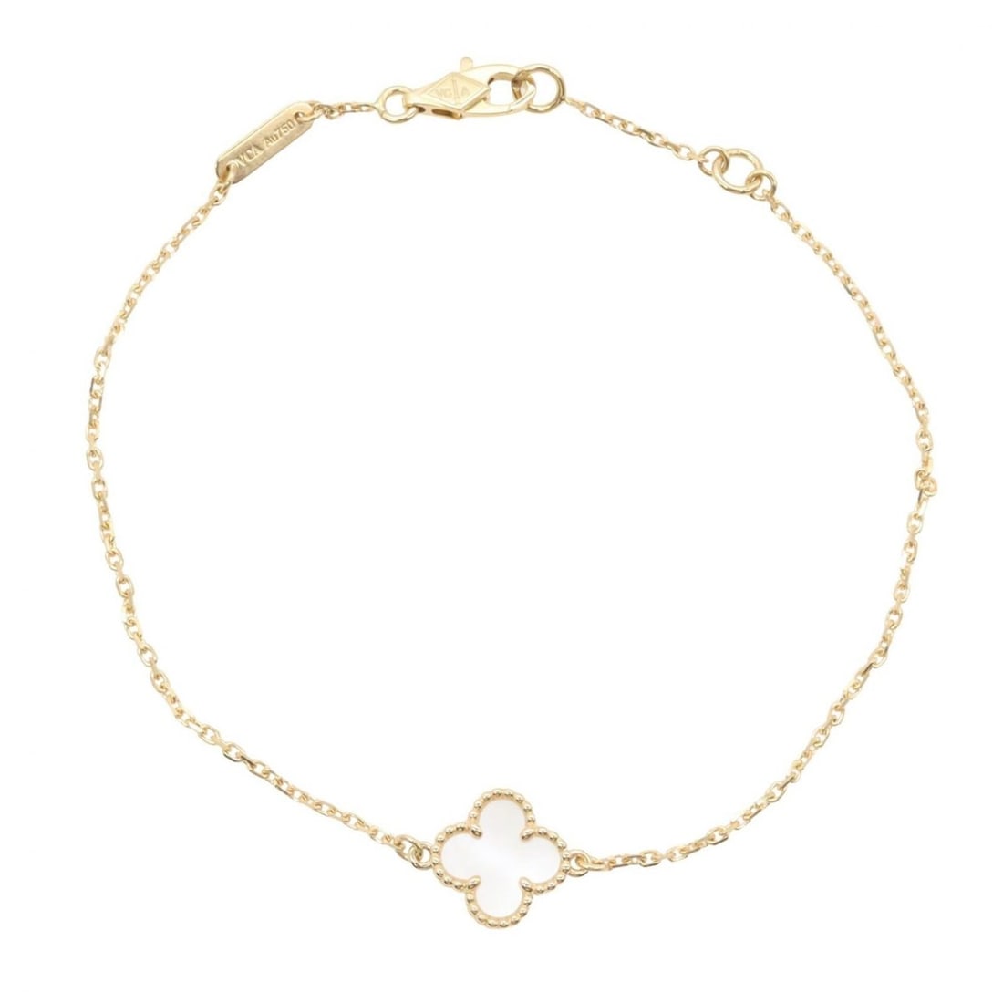 Van Cleef & Arpels Sweet Alhambra Bracelet, Mother-of-Pearl 18K (Yellow Gold), Women's, Gold/White: --- Catalog ---Category: SizeLength: 17cm / 6.69''Category: DesignType: Charm braceletColor: Gold, WhiteGender: WomenMaterial: Yellow gold (18K)Category: GeneralMPN: VCARF68800Brand: Van Cleef & Arpel