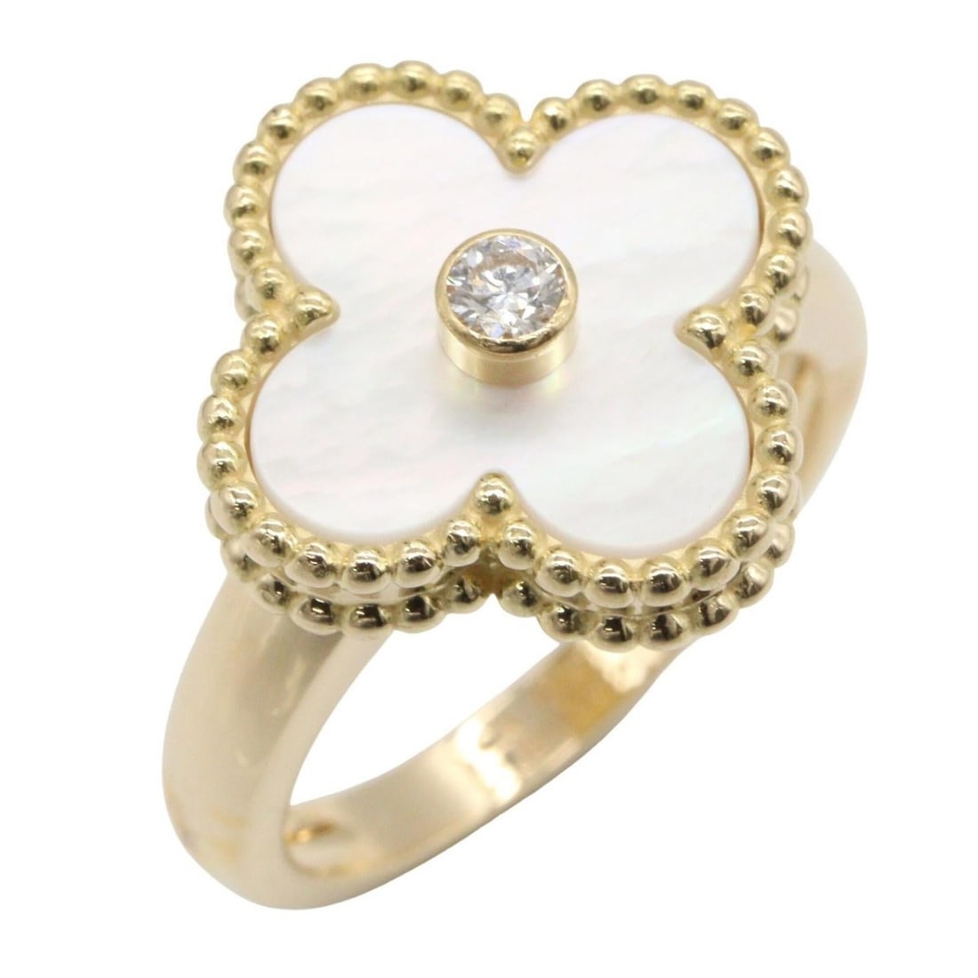 Van Cleef & Arpels Vintage Alhambra Mother of Pearl 1PD Ring - 18K (Yellow Gold) Diamond Men's: --- Catalog ---Category: SizeJP Size: 11.5US Size: 6Category: DesignType: Band ringColor: Clear, Gold, WhiteGender: Men,WomenMaterial: Yellow gold (18K)Category: GeneralMPN: VCARA41100Brand: Van Cleef