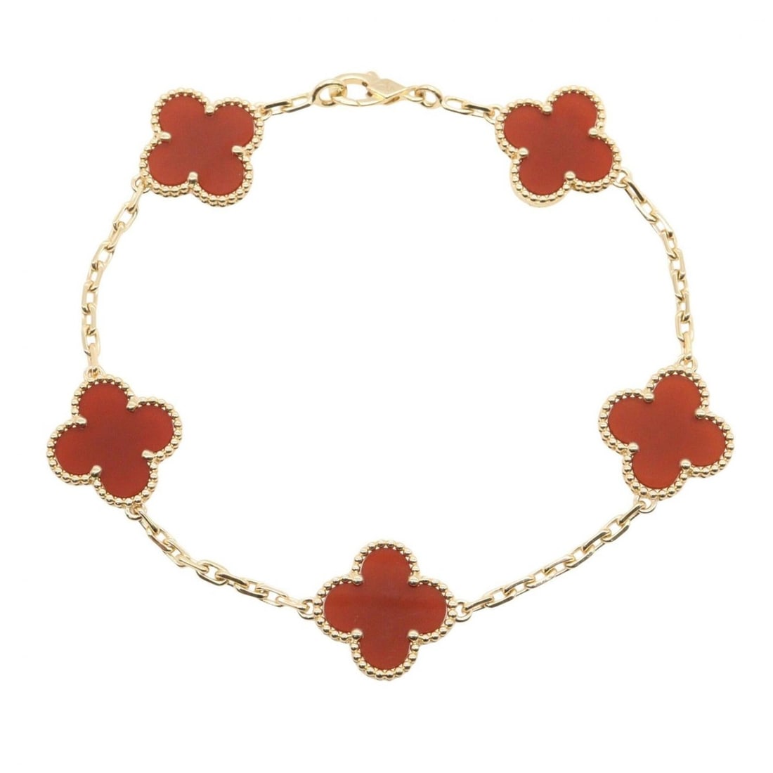 Van Cleef & Arpels Vintage Alhambra Carnelian 5-Motif Bracelet, 18K (Yellow Gold), Carnelian,: --- Catalog ---Category: SizeLength: 18cm / 7.08''Category: DesignType: Charm braceletColor: Gold, Red colorGender: WomenMaterial: Yellow gold (18K)Category: GeneralMPN: VCARD35500Brand: Van Cleef & A