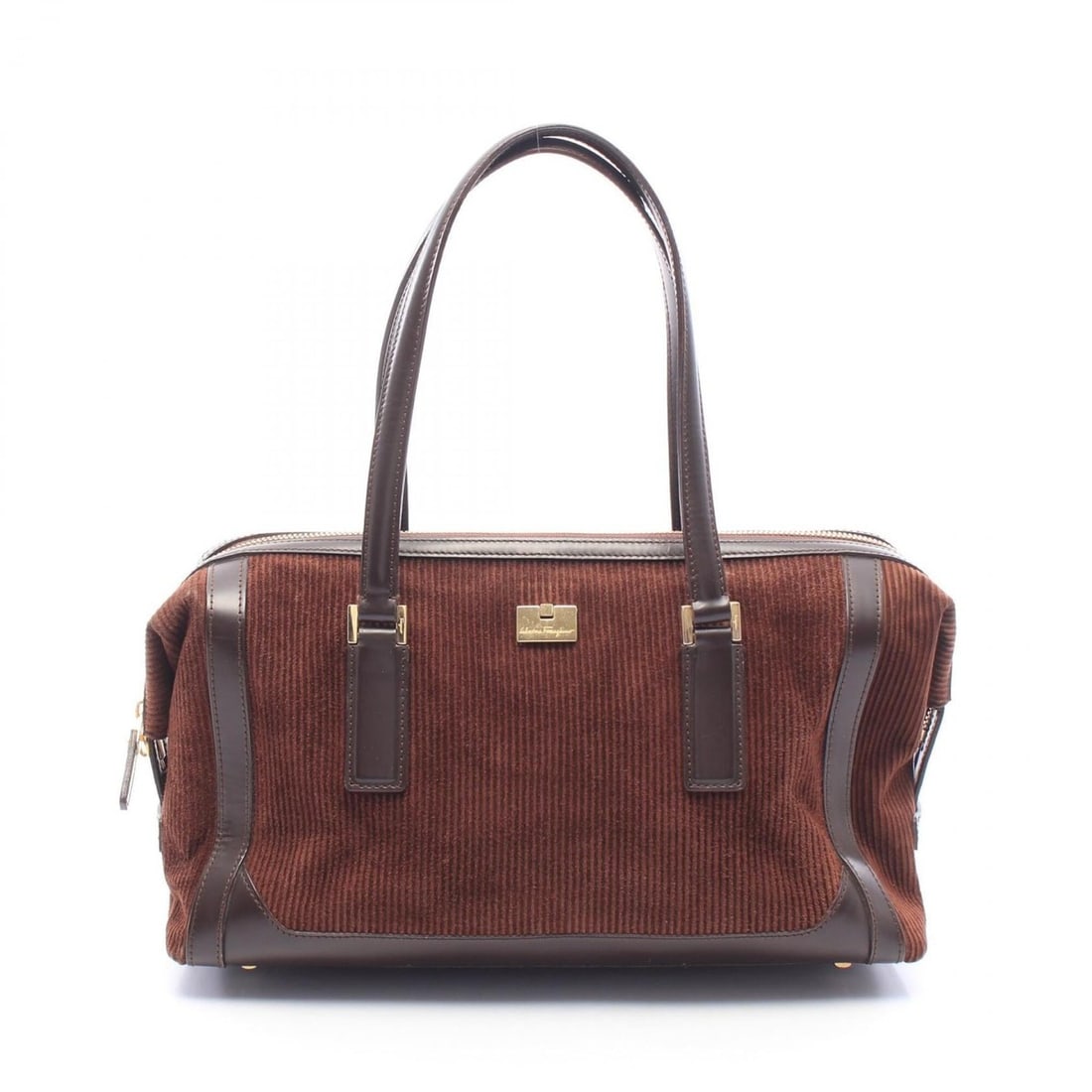 Salvatore Ferragamo Corduroy Handbag, Leather and Fabric, Women's, Brown, 21 1863: --- Catalog ---Category: SizeSize (HxWxD): 20cm x 30.5cm x 11.5cm / 7.87'' x 12'' x 4.52''Category: DesignType: HandbagColor: BrownGender: WomenMaterial: Leather , Fabric Category: GeneralMPN: 21 1863