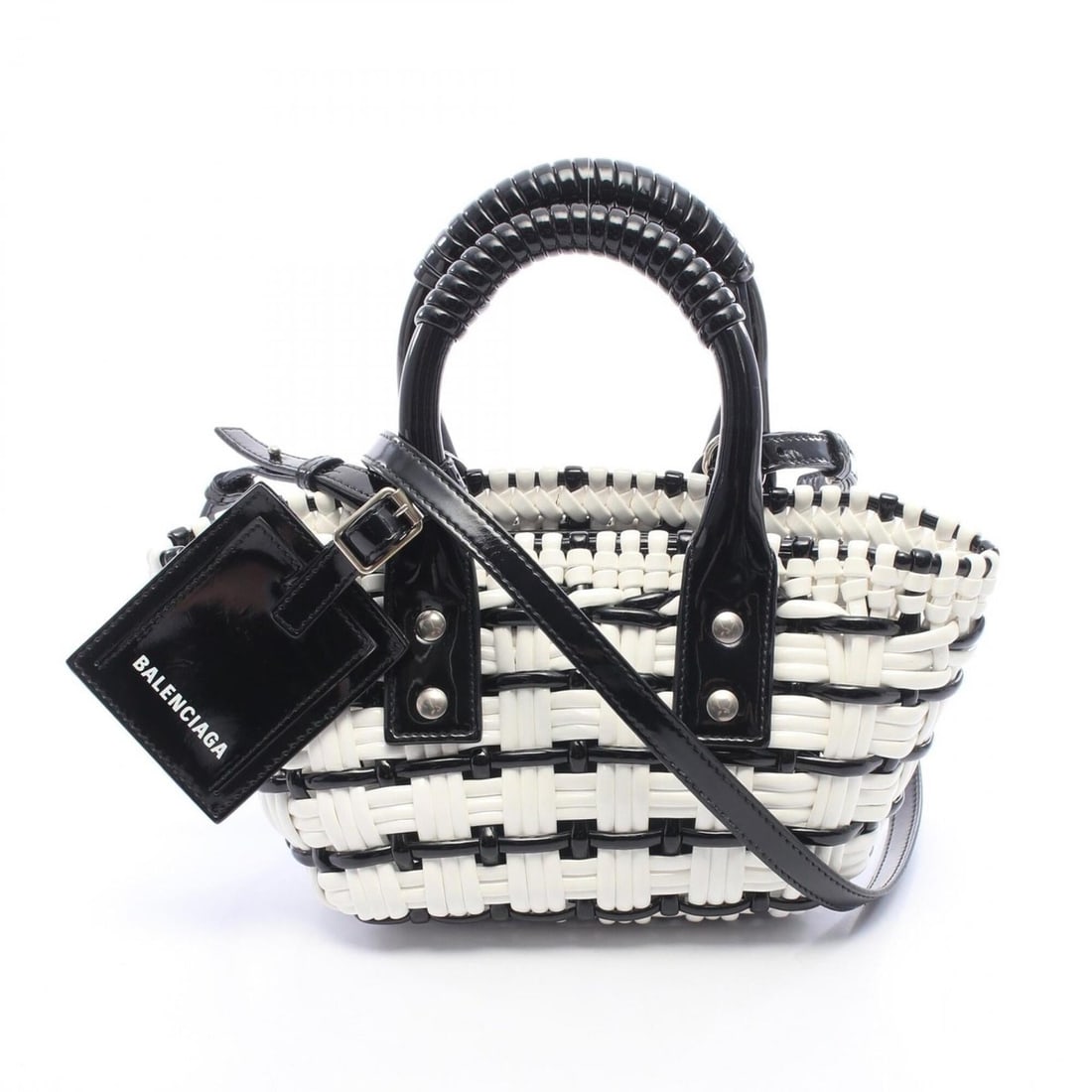 Balenciaga BISTRO XXS Bistro Basket Bag 2-Way Handbag, Enamel, Women's, White/Black, 678028: --- Catalog ---Category: SizeSize (HxWxD): 13cm x 15cm x 9cm / 5.11'' x 5.9'' x 3.54''Strap Length: 104cm - 113cm / 40.94'' - 44.48''Handle Length: 31cm / 12.2''Category: DesignType: Basket, HandbagCo
