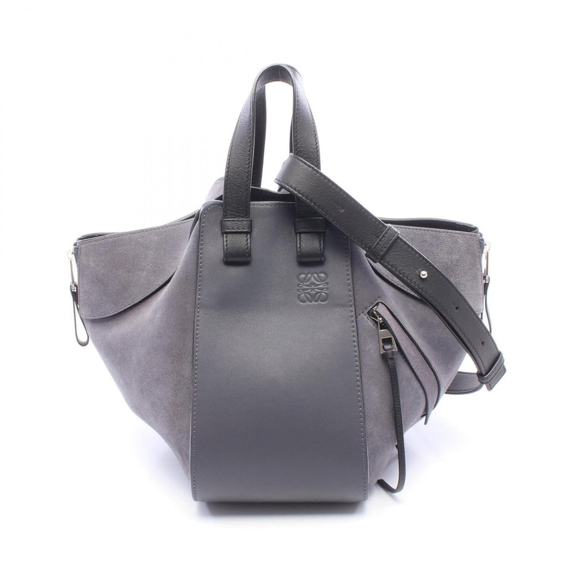Loewe Hammock Small 2-Way Handbag, Suede Leather, Women's, Gray: --- Catalog ---Category: SizeSize (HxWxD): 25cm x 14cm x 25cm / 9.84'' x 5.51'' x 9.84''Category: DesignType: HandbagColor: GrayGender: WomenMaterial: Suede , Leather Category: GeneralBrand: Loewe--- 